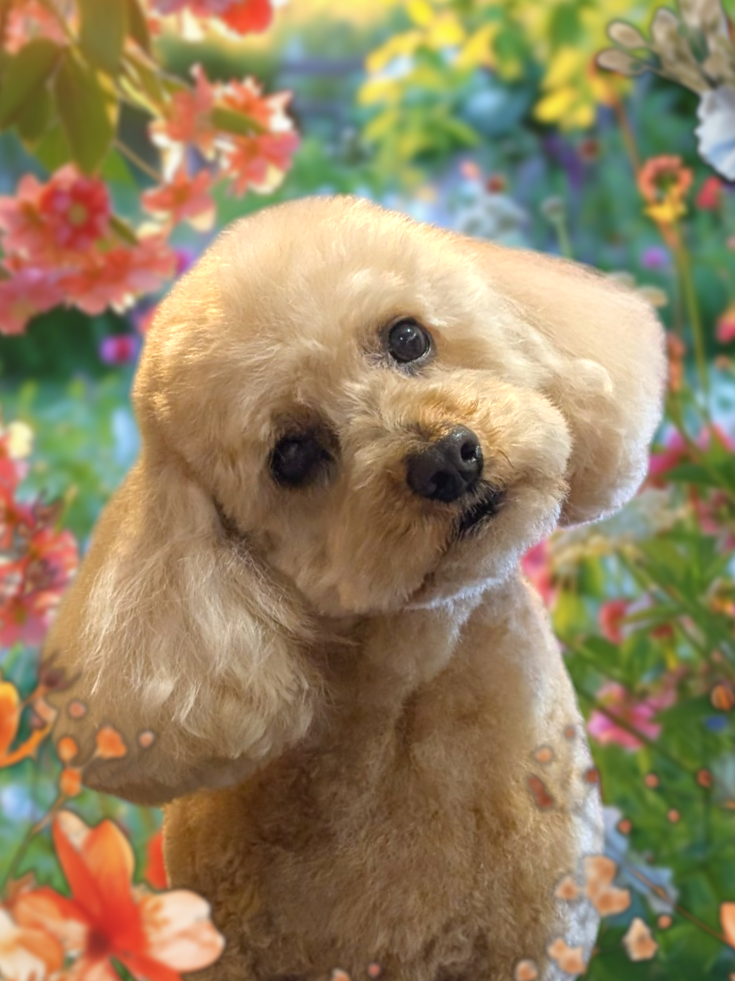 Apricot poodle with teddy bear cut in floral portrait